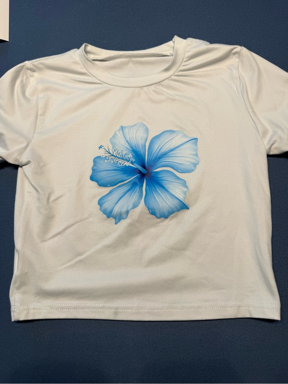 White girls Tee with Blue Hibiscus Floral Print